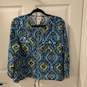 Ruby Rd. Linen Blend Blue Green Semi Sheer Full‎ Zip Top Shacket Jacket Sz 12